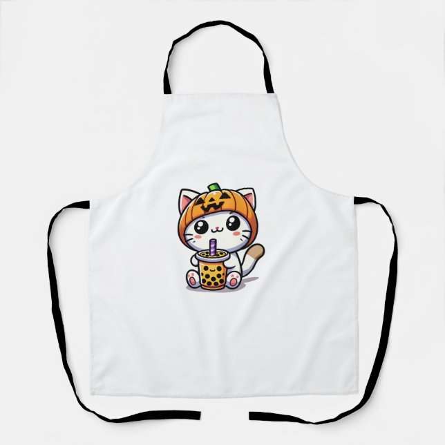 Kawaii Cat Halloween Anime Boba Tea Bubble Milk Te Apron (Front)