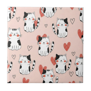 Kawaii Cat & Hearts Valentine Pattern (11) Tile