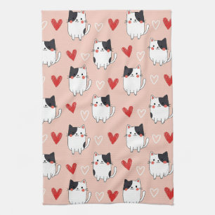Kawaii Cat & Hearts Valentine Pattern (1) Tea Towel