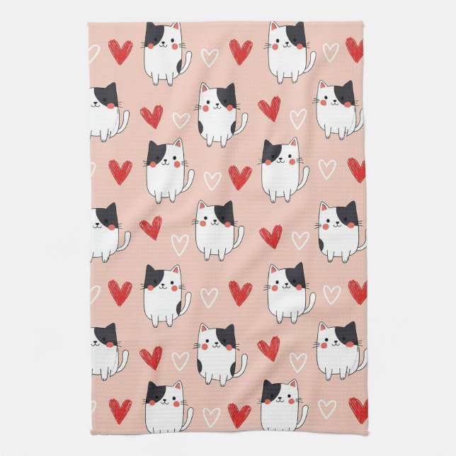 Kawaii Cat & Hearts Valentine Pattern (1) Tea Towel (Vertical)