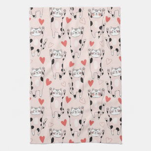 Kawaii Cat & Hearts Valentine Pattern (2) Tea Towel