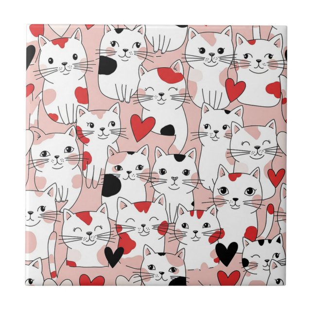 Kawaii Cat & Hearts Valentine Pattern (3) Tile (Front)