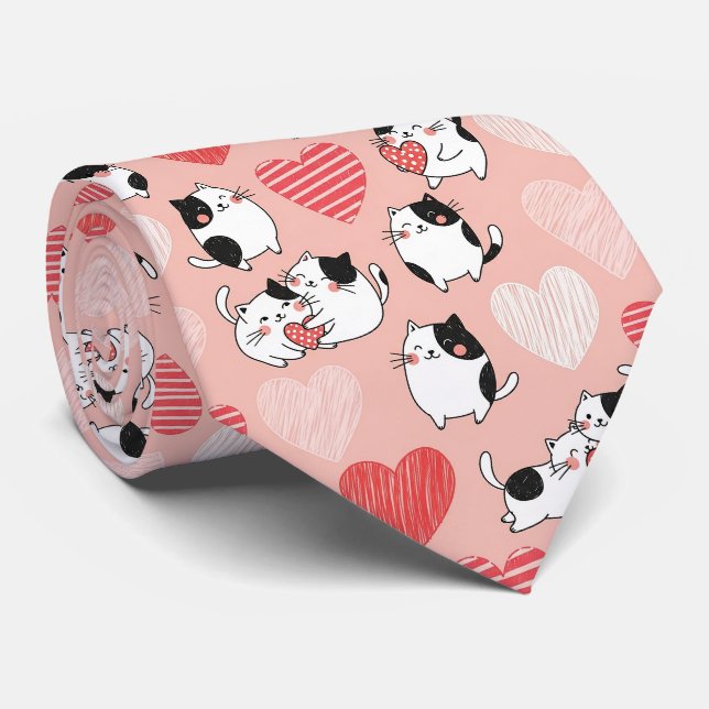 Kawaii Cat & Hearts Valentine Pattern (6) Tie (Rolled)