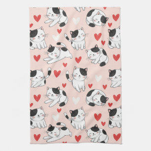 Kawaii Cat & Hearts Valentine Pattern (7) Tea Towel