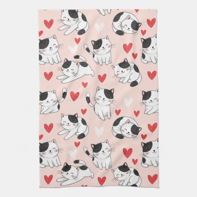 Kawaii Cat & Hearts Valentine Pattern (7) Tea Towel (Vertical)