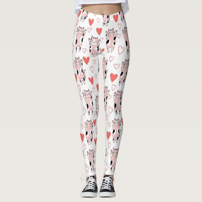 Kawaii Cat & Hearts Valentine Pattern (8) Leggings (Front)