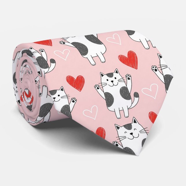 Kawaii Cat & Hearts Valentine Pattern (9) Tie (Rolled)