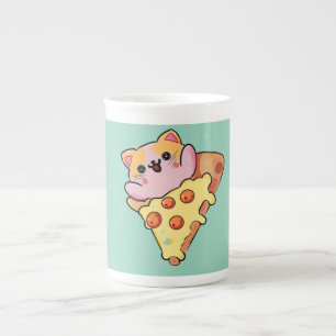 Kawaii Cat Hugging Pepperoni Pizza Cartoon Bone China Mug