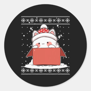 Kawaii Cat In A Box Christmas Cute Anime Teens Kid Classic Round Sticker