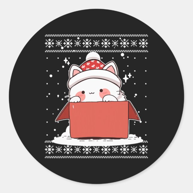 Kawaii Cat In A Box Christmas Cute Anime Teens Kid Classic Round Sticker (Front)