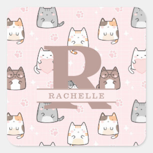 Kawaii Cat in a Pink Background Square Sticker