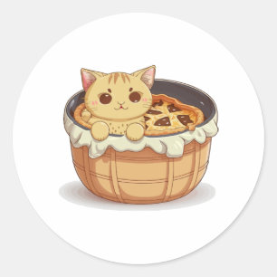 Kawaii Cat in a Pot Pie - Cute and Whimsical Classic Round Sticker