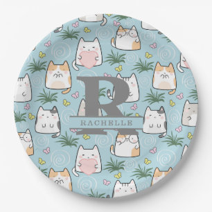 Kawaii Cat in a Sky Blue Background Paper Plate