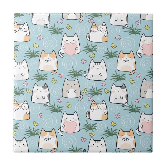 Kawaii Cat in a Sky Blue Background Tile (Front)