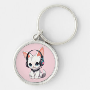 Kawaii Cat in Trendy Headphones Key Ring