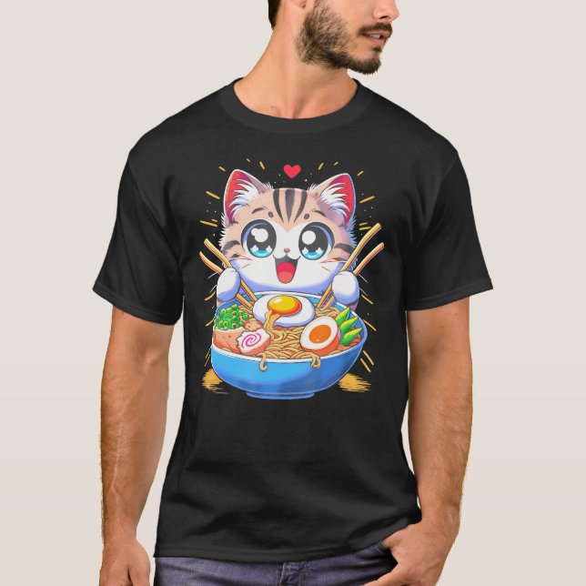 Kawaii Cat Japanese Anime Manga Cat Ramen T-Shirt (Front)