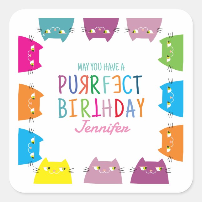 Kawaii Cat Lover Birthday Square Sticker (Front)