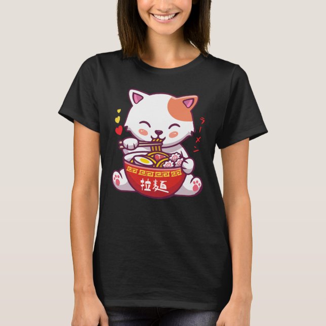Kawaii Cat loves Ramen | Anime Kitty eating Ramen  T-Shirt (Front)