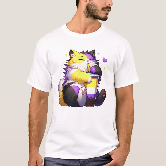 Kawaii Cat Nonbinary Pride Bubble Tea T-Shirt (Front)
