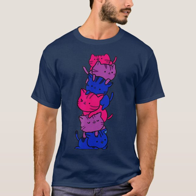 Kawaii Cat Pile Bisexual Pride T-Shirt (Front)