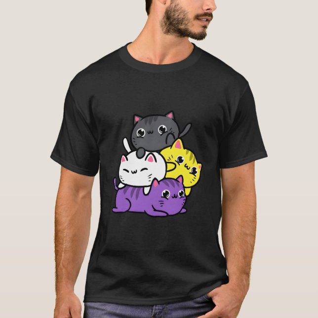 Kawaii Cat Pile Nonbinary Pride T-Shirt (Front)