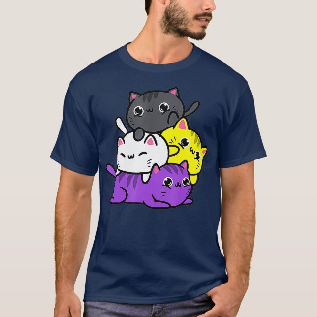 Kawaii Cat Pile Nonbinary Pride T-Shirt (Front)