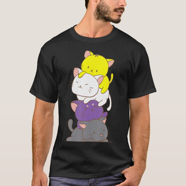 Kawaii Cat Pile T-Shirt Lgbtq Non Binary Pride Fla (Front)