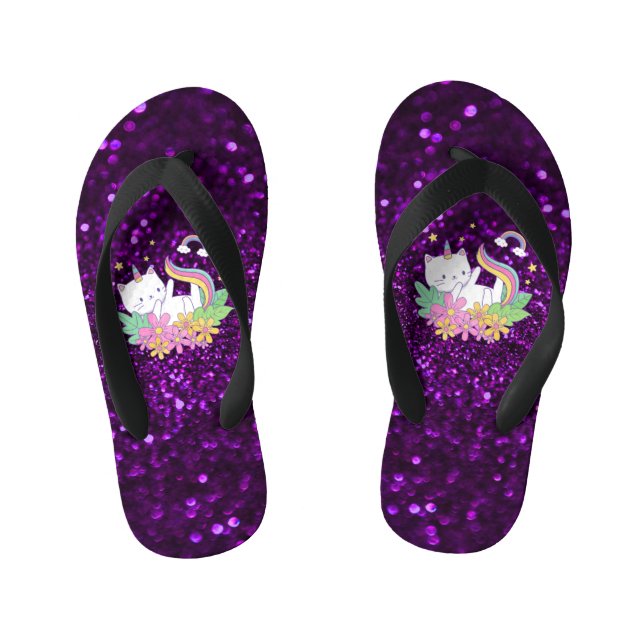 Kawaii Cat Purple Sparkle Glitter Glamour  Kid's Flip Flops (Footbed)