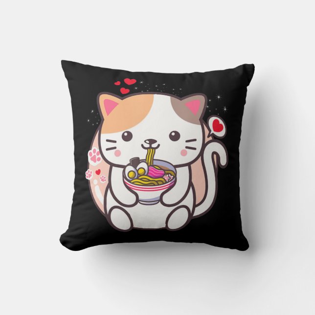 Kawaii Cat Ramen Anime Japanese Food Girls Officia Cushion (Front)