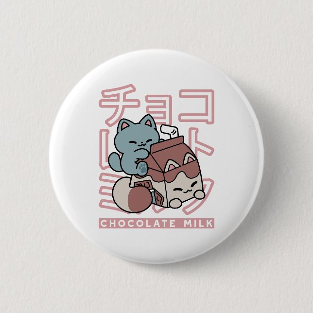 Kawaii Cat with Chocolate Milk – Japanese Pop Art  6 Cm Round Badge (Front)