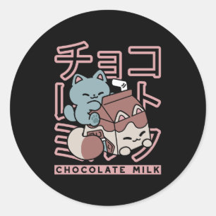 Kawaii Cat with Chocolate Milk – Japanese Pop Art Classic Round Sticker