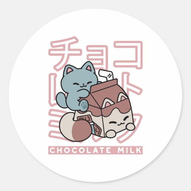 Kawaii Cat with Chocolate Milk – Japanese Pop Art  Classic Round Sticker (Front)