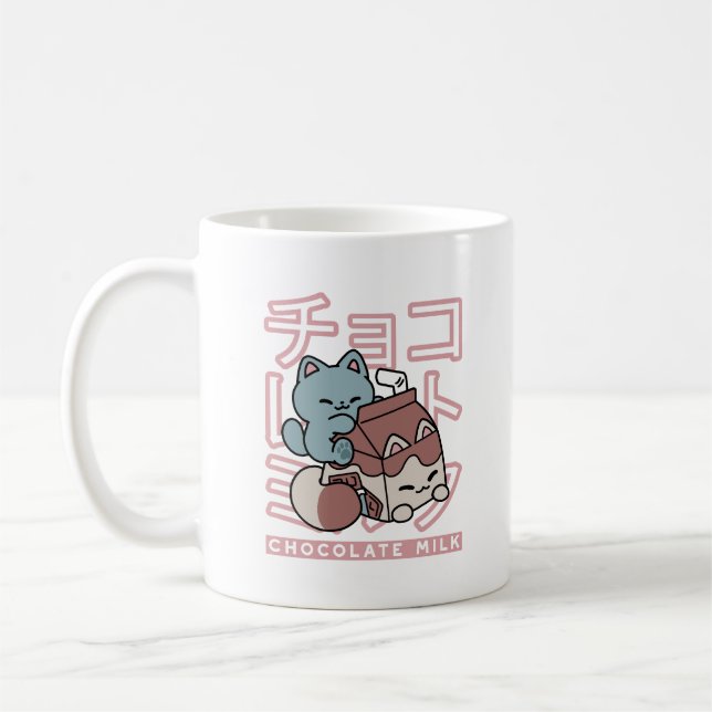 Kawaii Cat with Chocolate Milk – Japanese Pop Art  Coffee Mug (Left)