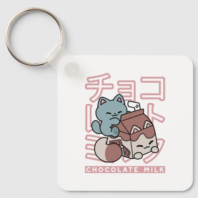 Kawaii Cat with Chocolate Milk – Japanese Pop Art  Key Ring (Front)
