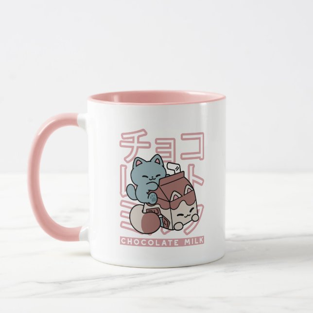 Kawaii Cat with Chocolate Milk – Japanese Pop Art  Mug (Left)