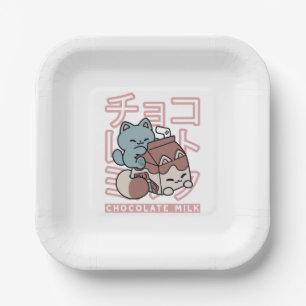 Kawaii Cat with Chocolate Milk – Japanese Pop Art Paper Plate