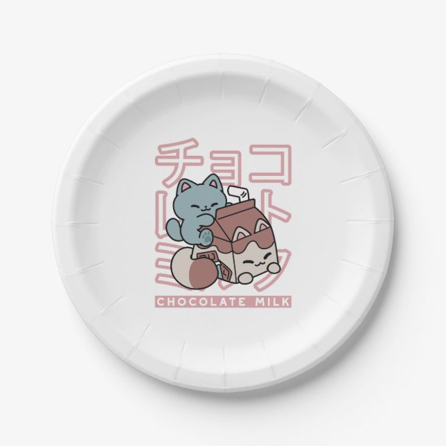 Kawaii Cat with Chocolate Milk – Japanese Pop Art  Paper Plate (Front)