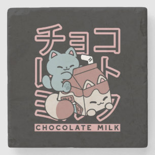 Kawaii Cat with Chocolate Milk – Japanese Pop Art  Stone Coaster