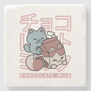 Kawaii Cat with Chocolate Milk – Japanese Pop Art  Stone Coaster