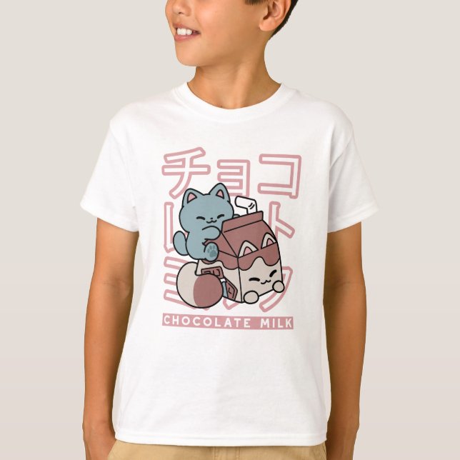 Kawaii Cat with Chocolate Milk – Japanese Pop Art  T-Shirt (Front)