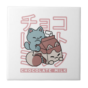 Kawaii Cat with Chocolate Milk – Japanese Pop Art Tile