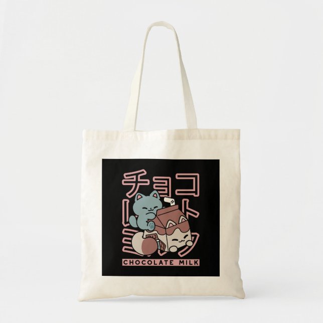 Kawaii Cat with Chocolate Milk – Japanese Pop Art  Tote Bag (Front)