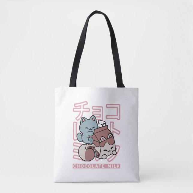 Kawaii Cat with Chocolate Milk – Japanese Pop Art  Tote Bag (Front)