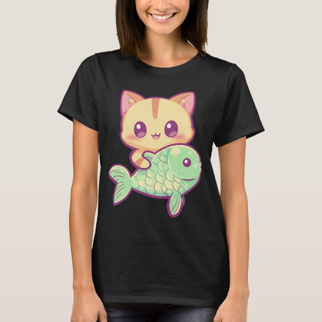 Kawaii cat with fish T-Shirt (Front)