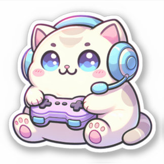 Kawaii Cat with Game Controller Pastel Sticker
