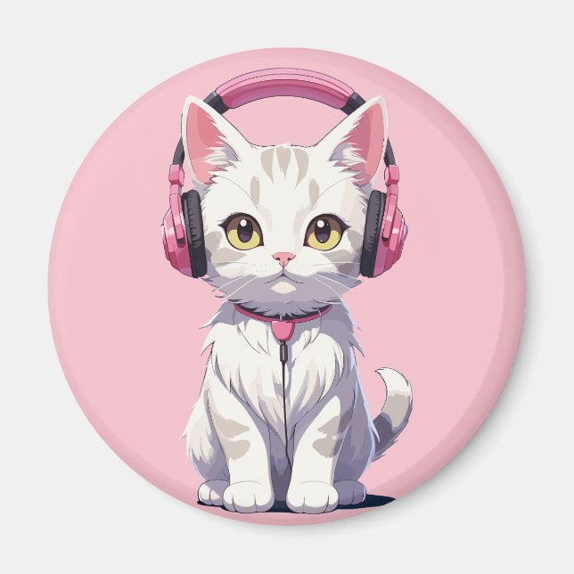 Kawaii Cat with Headphones Magnet (Front)