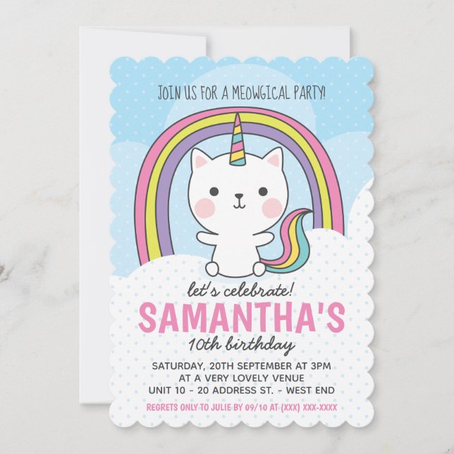 Kawaii Catcorn Cat Unicorn Party Invitation (Front)
