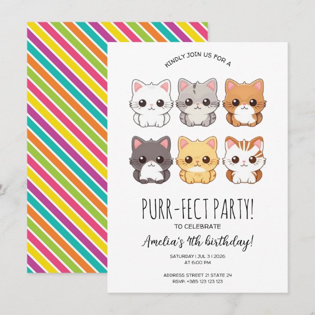 kawaii Cats Kid's Birthday Party Invitation  (Front/Back)