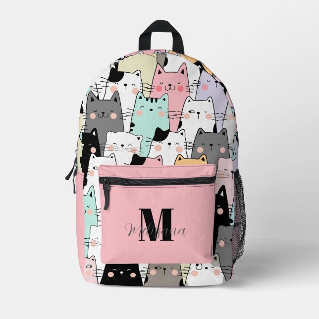 Kawaii Cats Pattern Monogram Name Printed Backpack (Front)