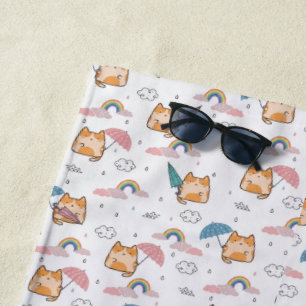 Kawaii Cats Rainy Day Cute Pattern Beach Towel